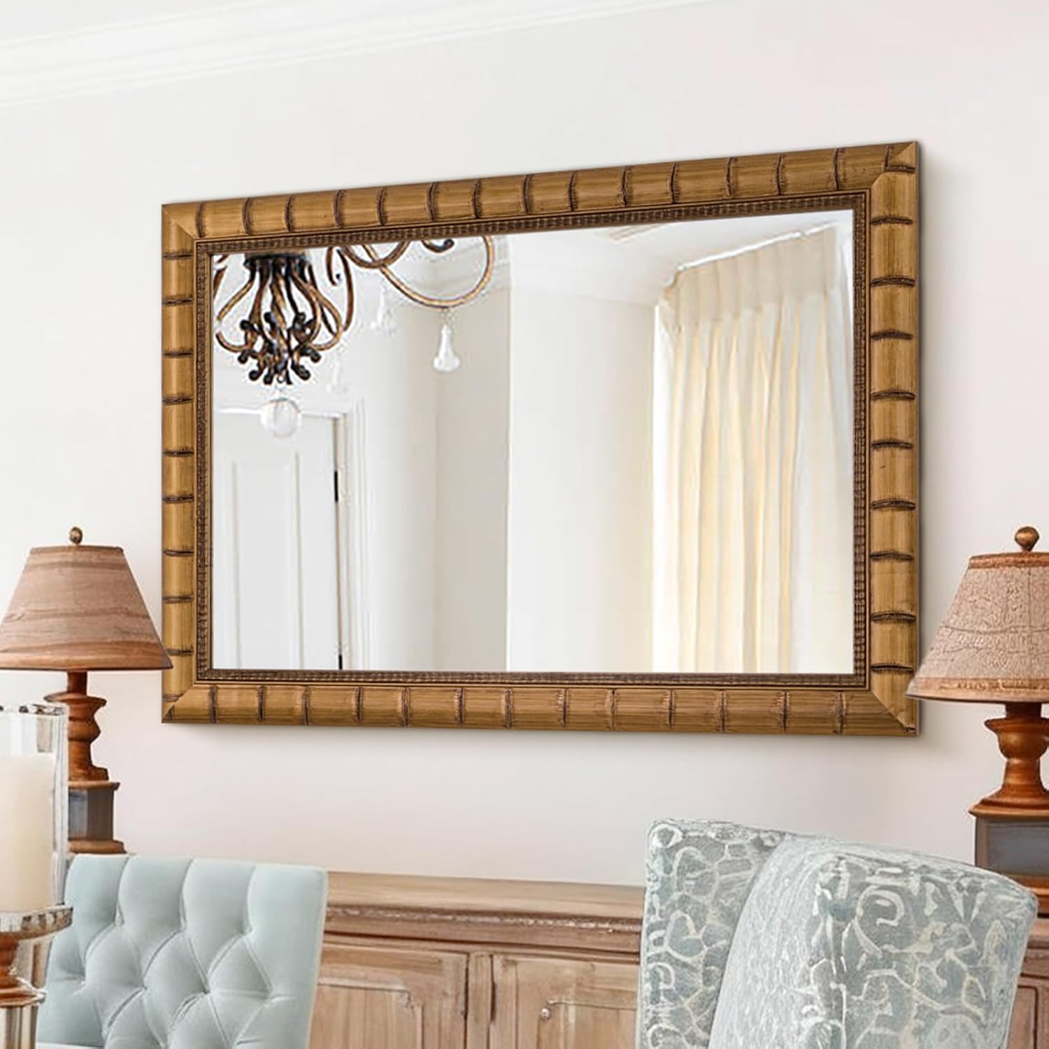 Vintage Warm Gold Mirror, 39” x 27” Solid Wood Mirror Frame with Vintage Bamboo Design, Decorative Mirrors for Living Room, Bathroom, Bedroom, Entryway, Fireplace, Horizontal/Vertical