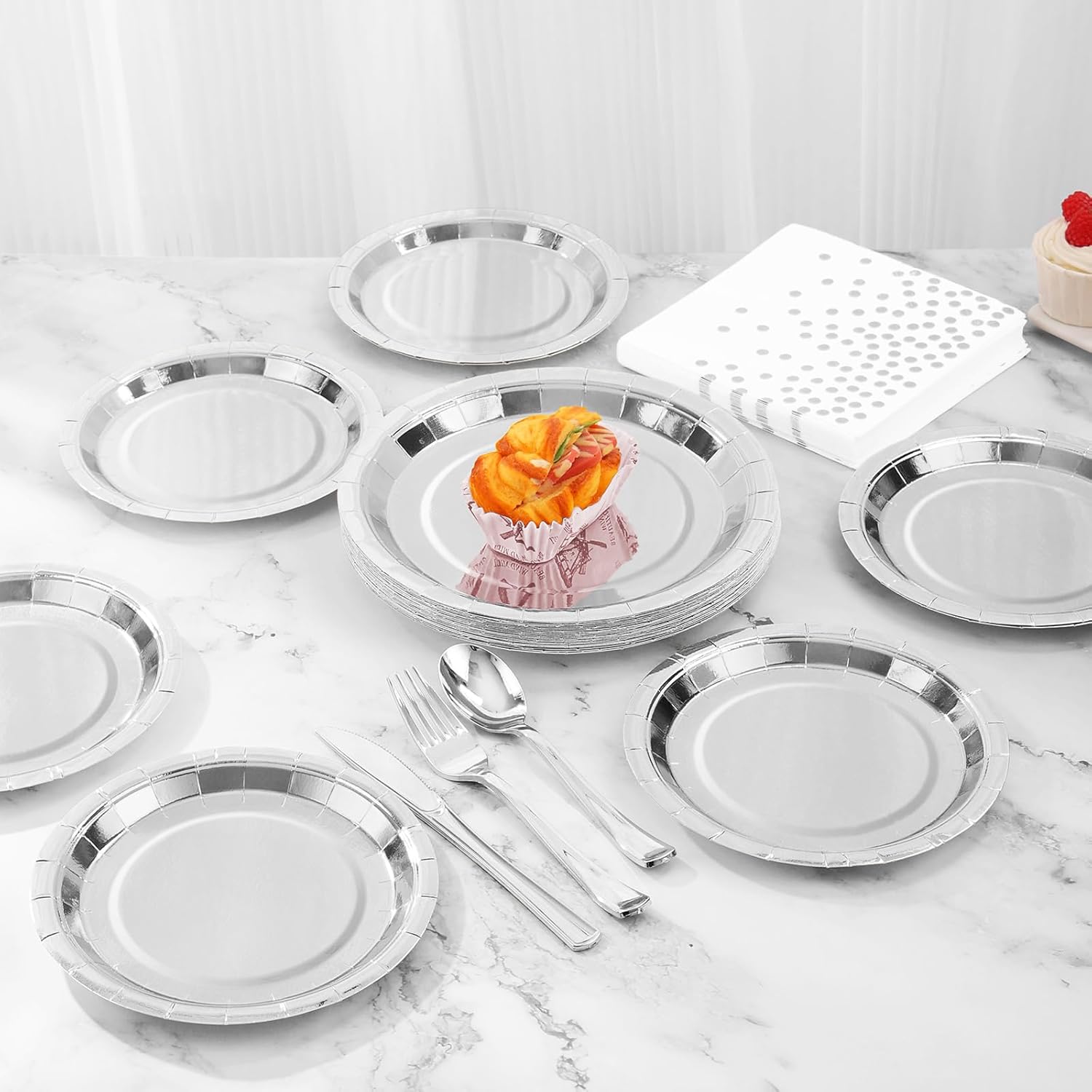 Silver Paper Plates and Napkins Party Supplies,350pcs Silver Plates Disposable Dinnerware Set for Anniversary Graduation Holiday Disco Birthday Party Decorations Serves 50