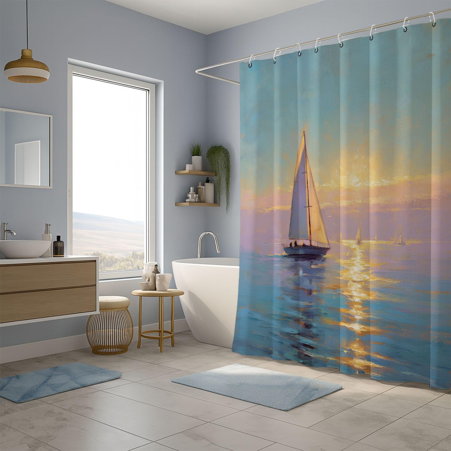 Generisch Zasłona prysznicowa 200 x 200 cm, zestaw 1 szt., miękka mikrofibra, wodoszczelna i odporna na pleśń, nadaje się do prania, do łazienki i wanny, z oczkami i haczykami, niebieska, ocean
