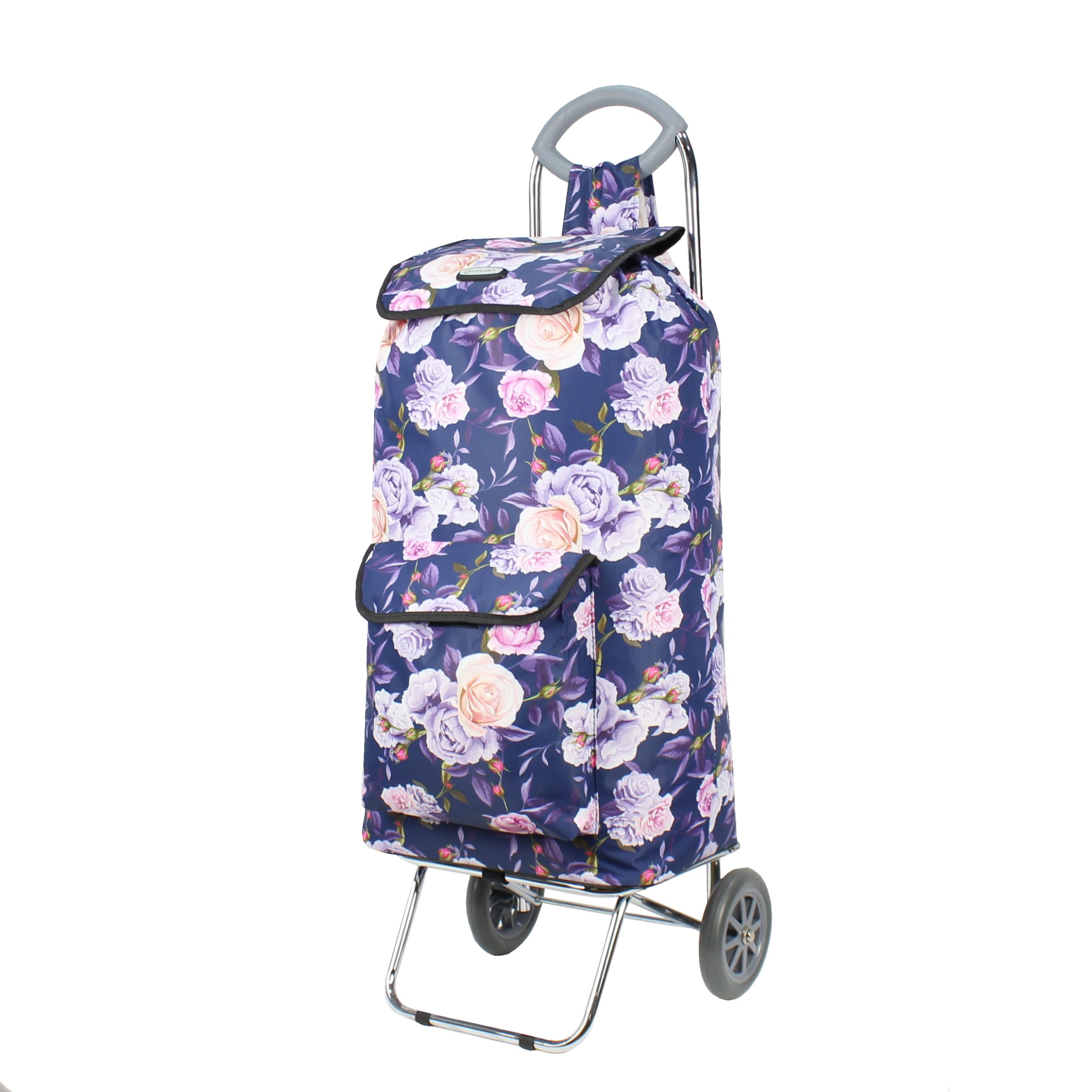 Rocklands London® 60 Litre Folding Shopping Trolley Chrome Steel Frame Wheeled Shopping Cart Grocery Bag (Voilet - Floral)