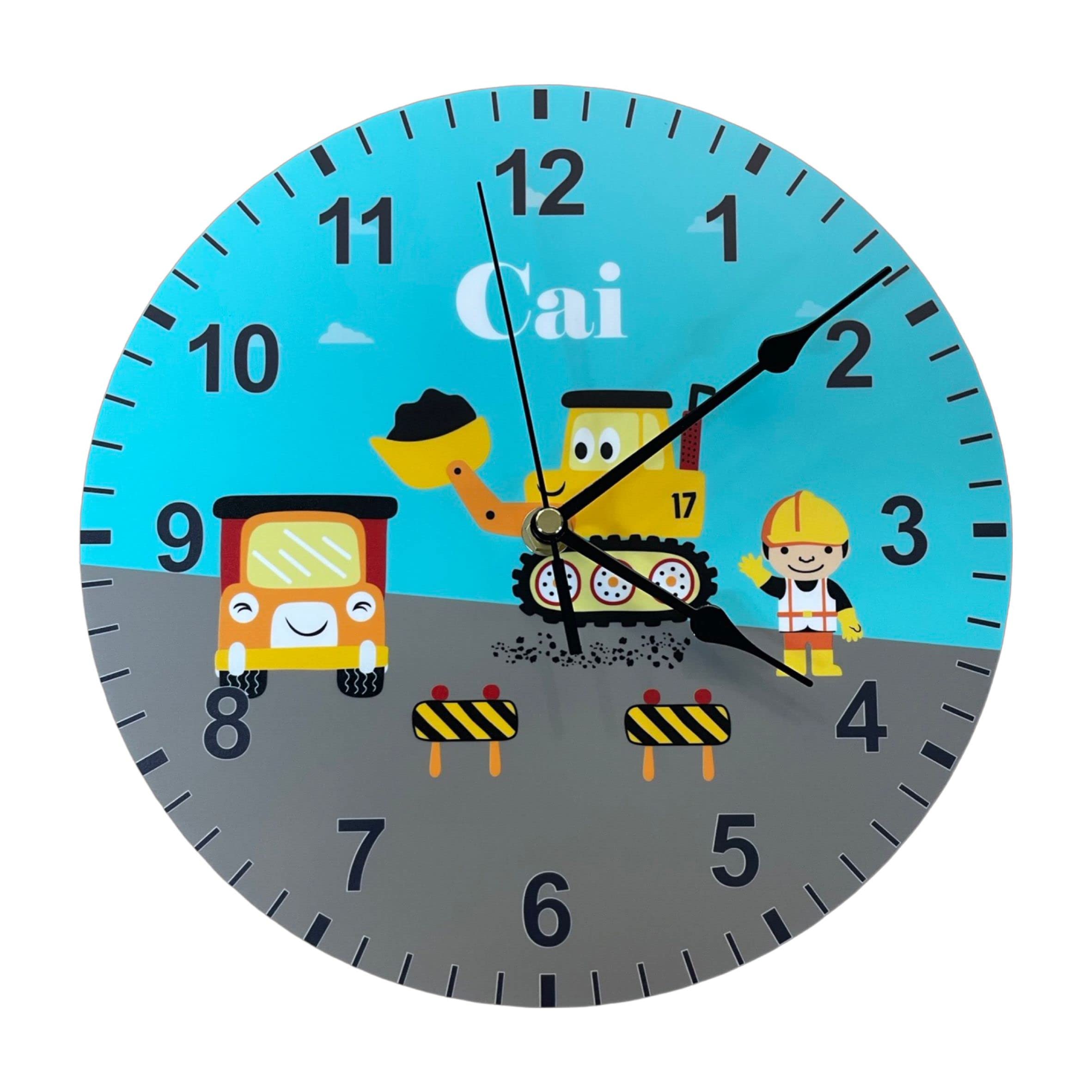 Precision Designs Construction/Digger Kids Clock - Personalised with Any Name - Size 25cm Wall Mountable - Unique Gift