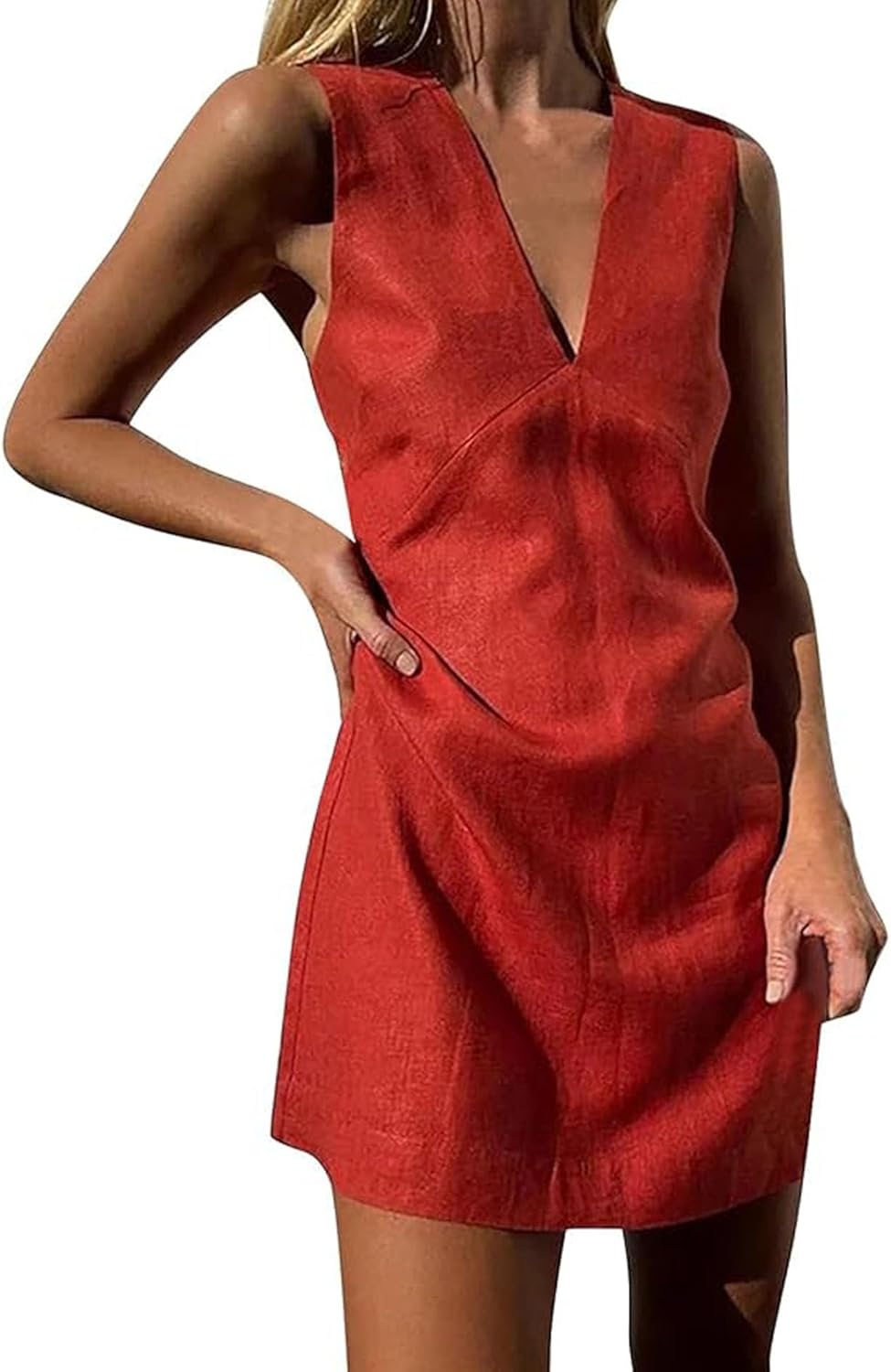 SOMTHRON Women's Summer Deep V Neck Linen Mini Dress Sleeveless A Line Slim Fit Beach Tank Short Dress