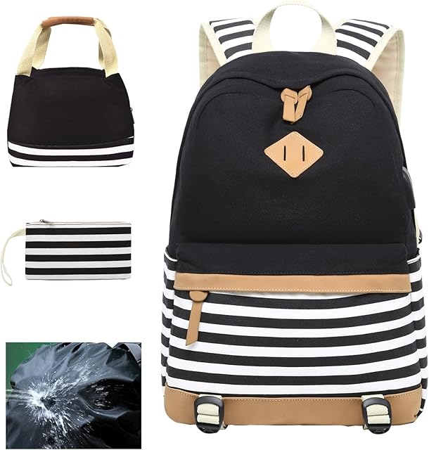 GUDFBALE School backpack Cute backpacks for teen girls Set bookbags with USB Charging Port-with Rain Cover Canvas Striped Backpack with Lunch Bag Pencil Case for College High Middle