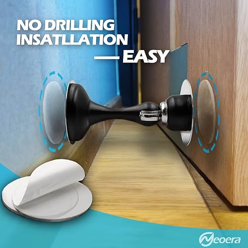 Miniatura 10 de Neoera Tope magnético de puerta (níquel cepillado) sin perforaciones, fuerte adhesivo para montaje en puerta, fuerte cierre magnético de puerta para