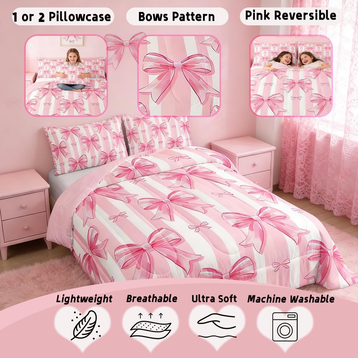 Feelyou Pink Bowknot Comforter Set,Dreamy Princess Bowknot Bedding Set Queen Size,Girls Bedroom Room Decor,Cute Bow Girly Comforter,Kawaii Geometric Bow-tie Bed Set for All Season