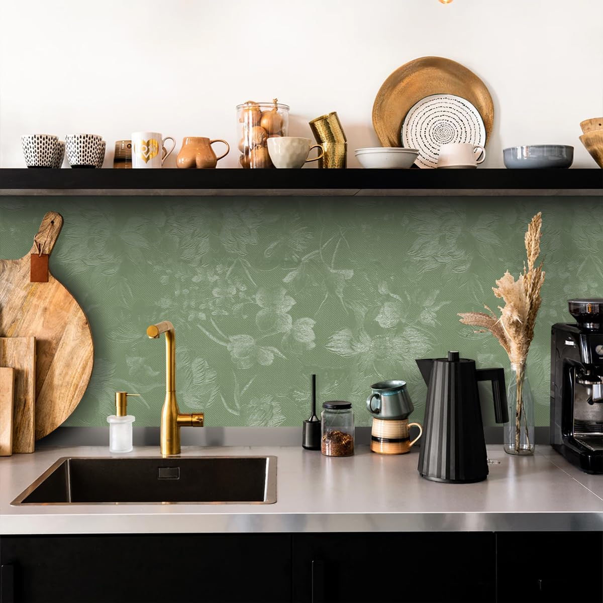 Green Wallpaper Peel and Stick Floral Textured Wallpaper 17.3inch x 196.8inch Embossed Wall Paper Vintage Floral Contact Paper Bedroom Shelf Liner Decor Self Adhesive Green Flower Vinyl