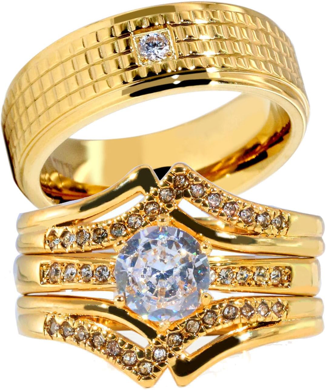 Couple Ring Bridal Set His And Hers Women 10k Yellow Gold Plated Round CZ Men Titanium Band Wedding Ring Band Set