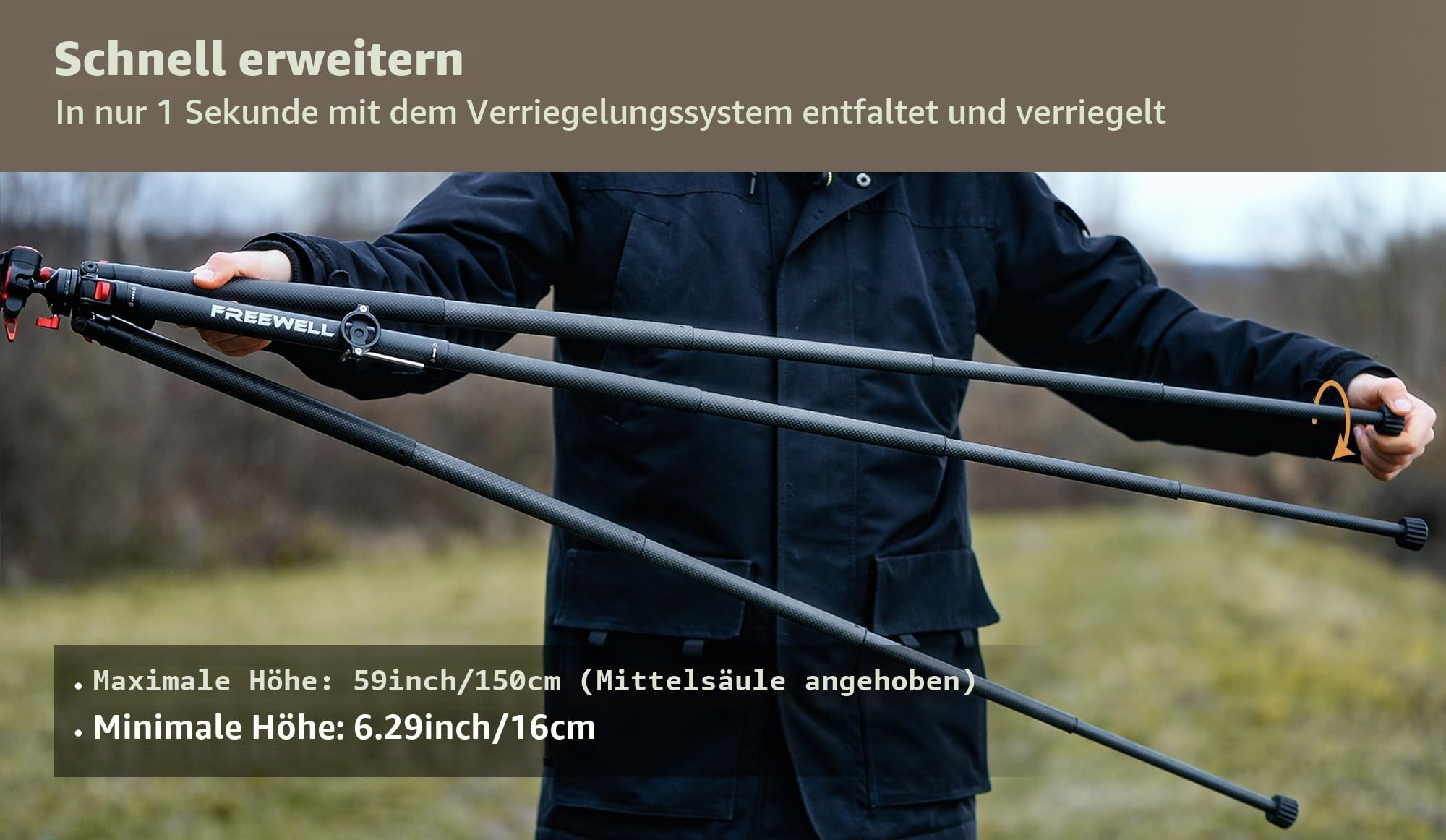 Freewell Carbon Fiber Reisestativ 59.1“ Leichtgewicht 1.98 lbs | Foto/Video 360° Kugelkopf (Max Load 5kgs/11 lbs), Einbeinstativ, Schnellwechselplatte, für DSLR Kameras & Smartphones