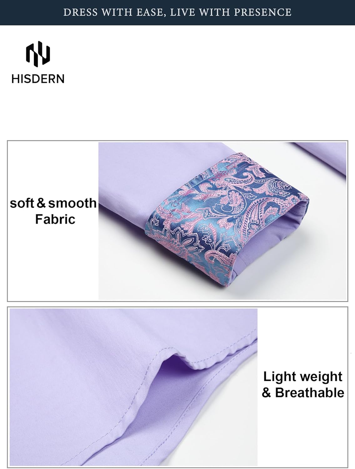 HISDERN Mens Dress Shirts Long Sleeve Button Down Casual Shirts for Men Inner Contrast Formal Business Tuxedo Wedding Shirt - Image 3