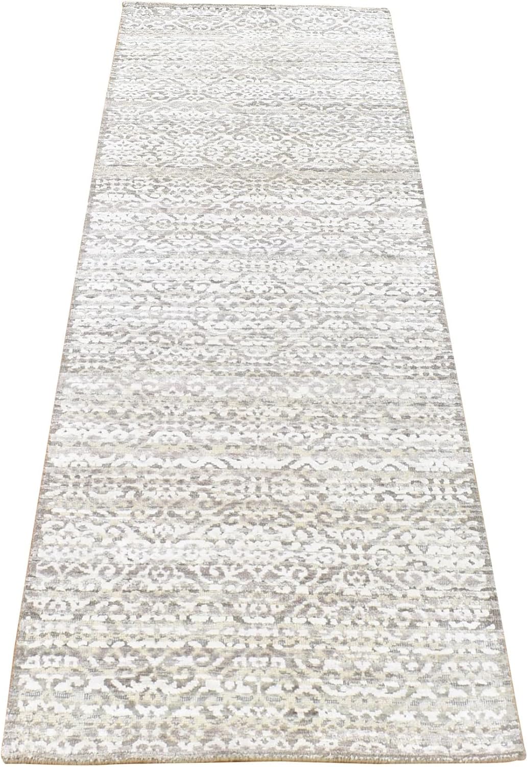 Coffee Brown Modern Damask Arabesque Design Hand Knotted Wool and Silk Runner Oriental Rug (2'8"x8'2")