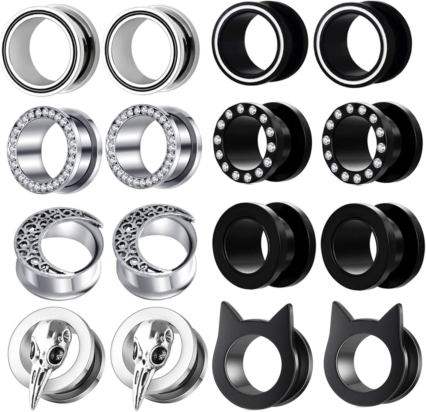TIANCI FBYJS 8 Pairs Surigcal Stainless Steel Ear Gauges Black Plug Tunnels for Men Women Screw Hollow Earrings Gauges For Ear 00g 2g 0g -5/8'' inch Piercings Stretcher Set