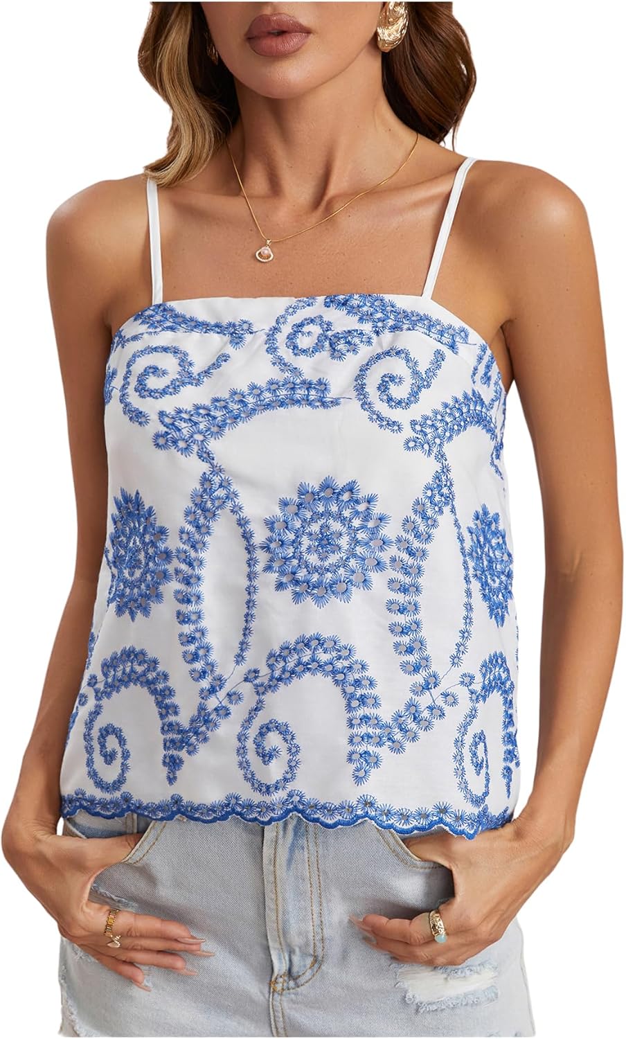 Milumia Women's Boho Floral Eyelet Cami Top Spaghetti Strap Sleeveless Vacation Summer Tops