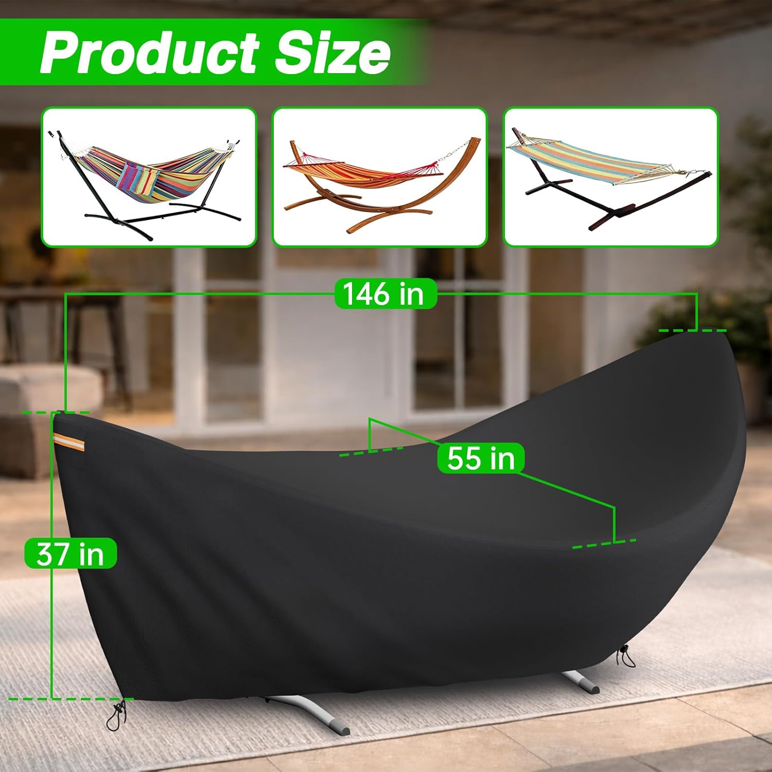 EVRBUL Hammock Cover 11-12 Ft, Heavy Duty 420D Waterproof Stand Covers For 2 Person Outdoor Hammock Stand with Top Handle Air Vents Reflective Strip Drawstring