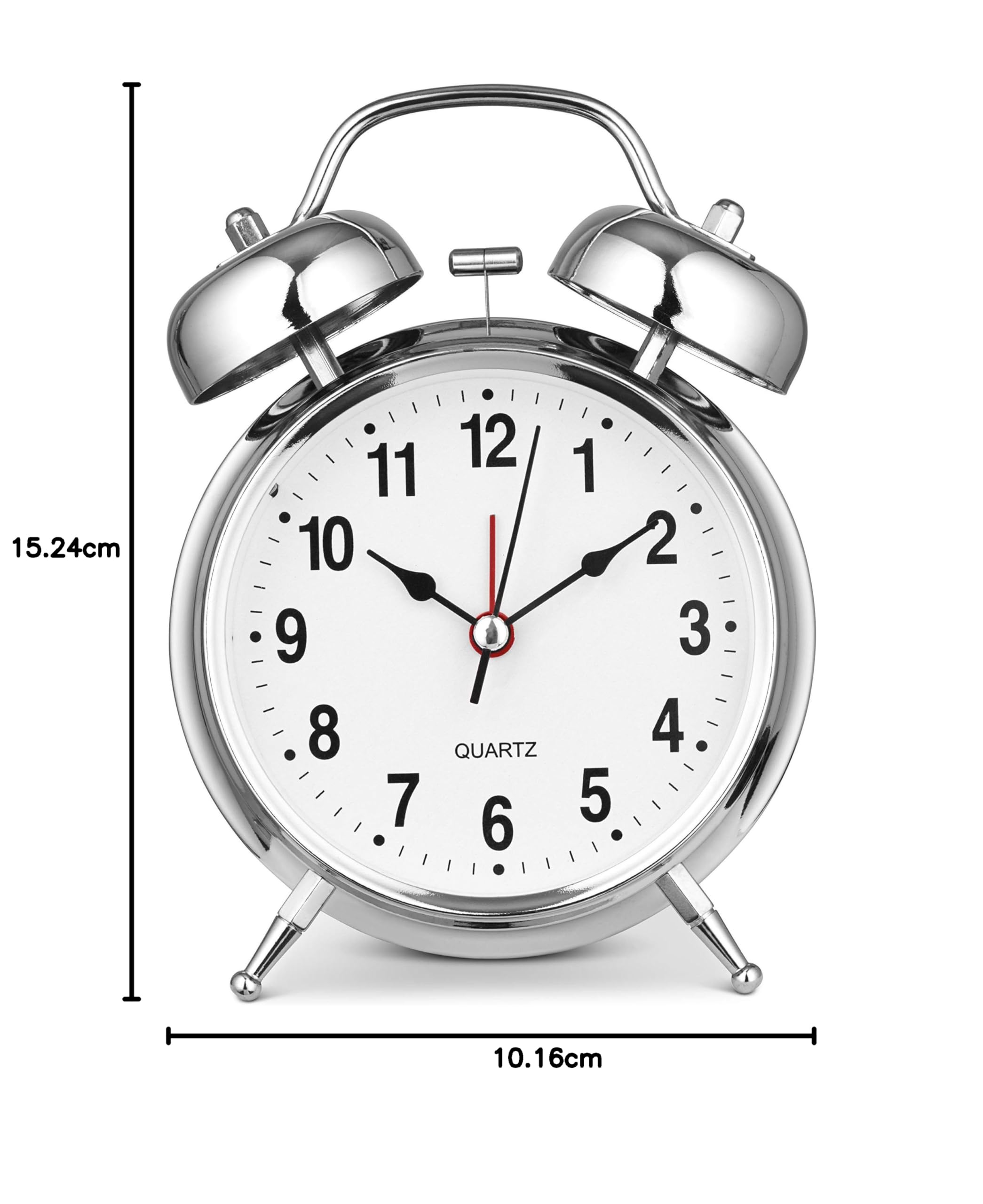 Bernhard Products - Reloj despertador analógico de 4 pulgadas con doble campana, silencioso, de cuarzo, funciona con pilas, extra alto con luz de fondo para mesita de noche, retro (cromo plateado)