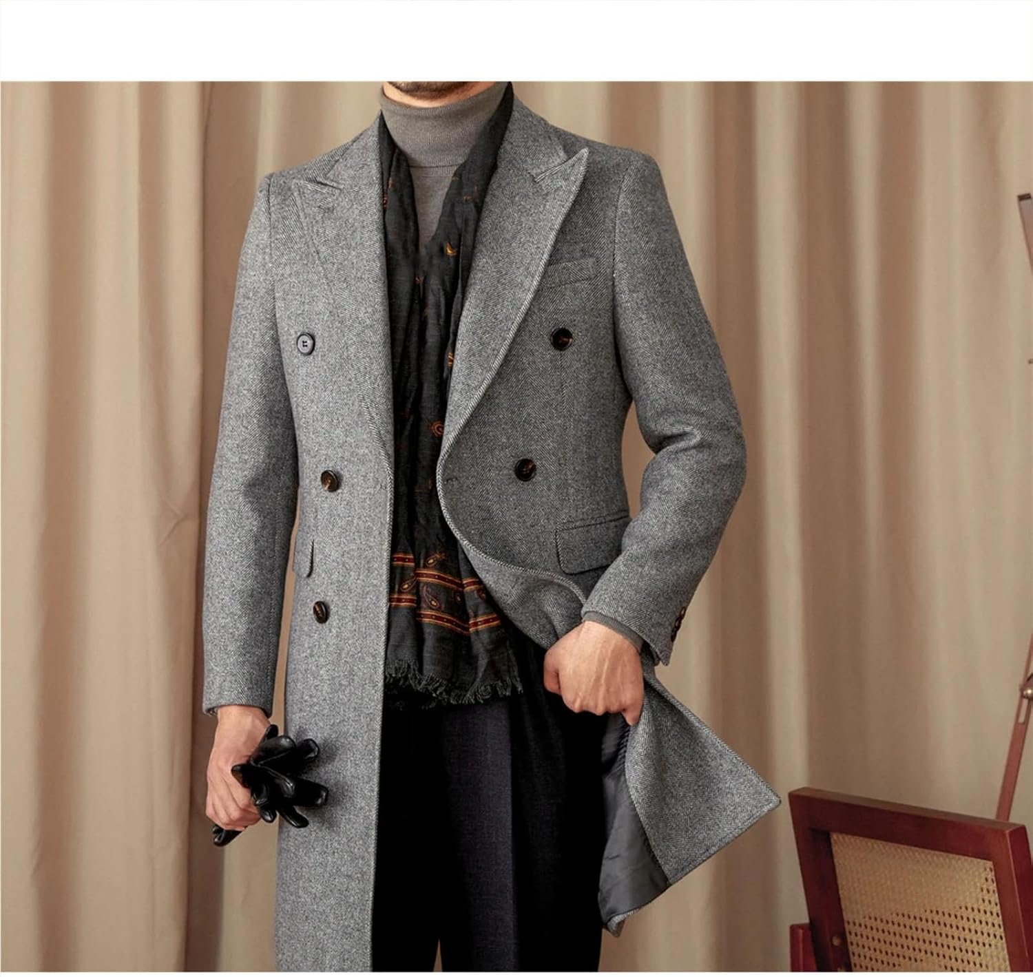 Mens Winter Wool Herringbone Pattern Mid-length Double-breasted Coat Slim-fit Warm Jackets