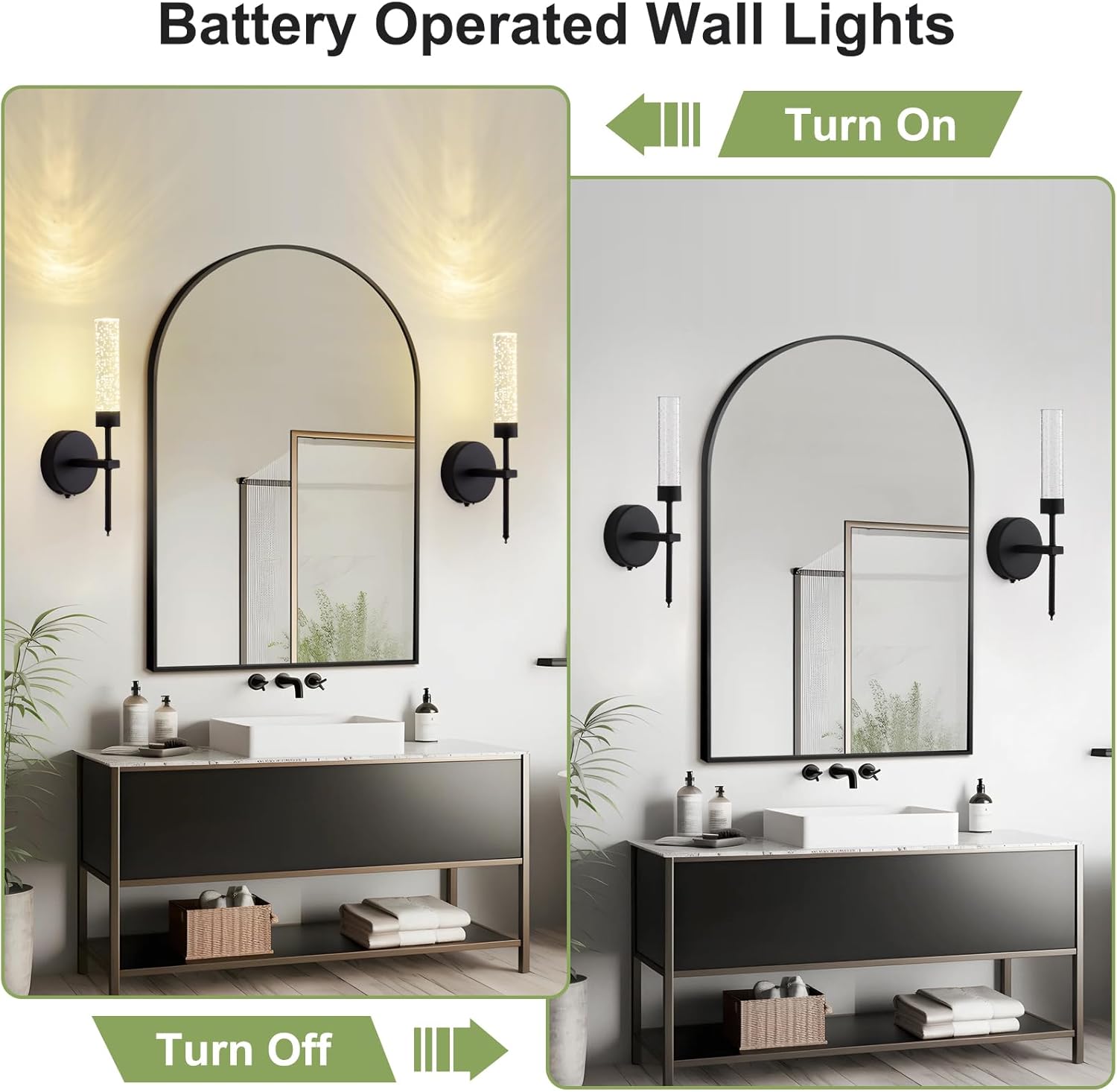 Crystal Battery Operated Wall Sconce, Modern Wireless LED Wall Sconces Set of 2 with Remote 3CCT Dimmable Timer, USB Rechargeable Cordless Wall Lights for Living Room Bedroom Bathroom Hallway, Black