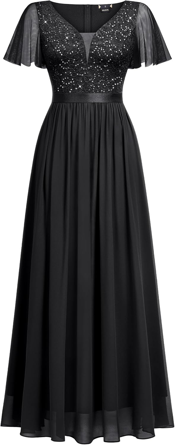 Miusol Women's Elegant Deep-V Neck Ruffle Tulle Sleeve Sequin Lace Formal Maxi Dress - Image 4