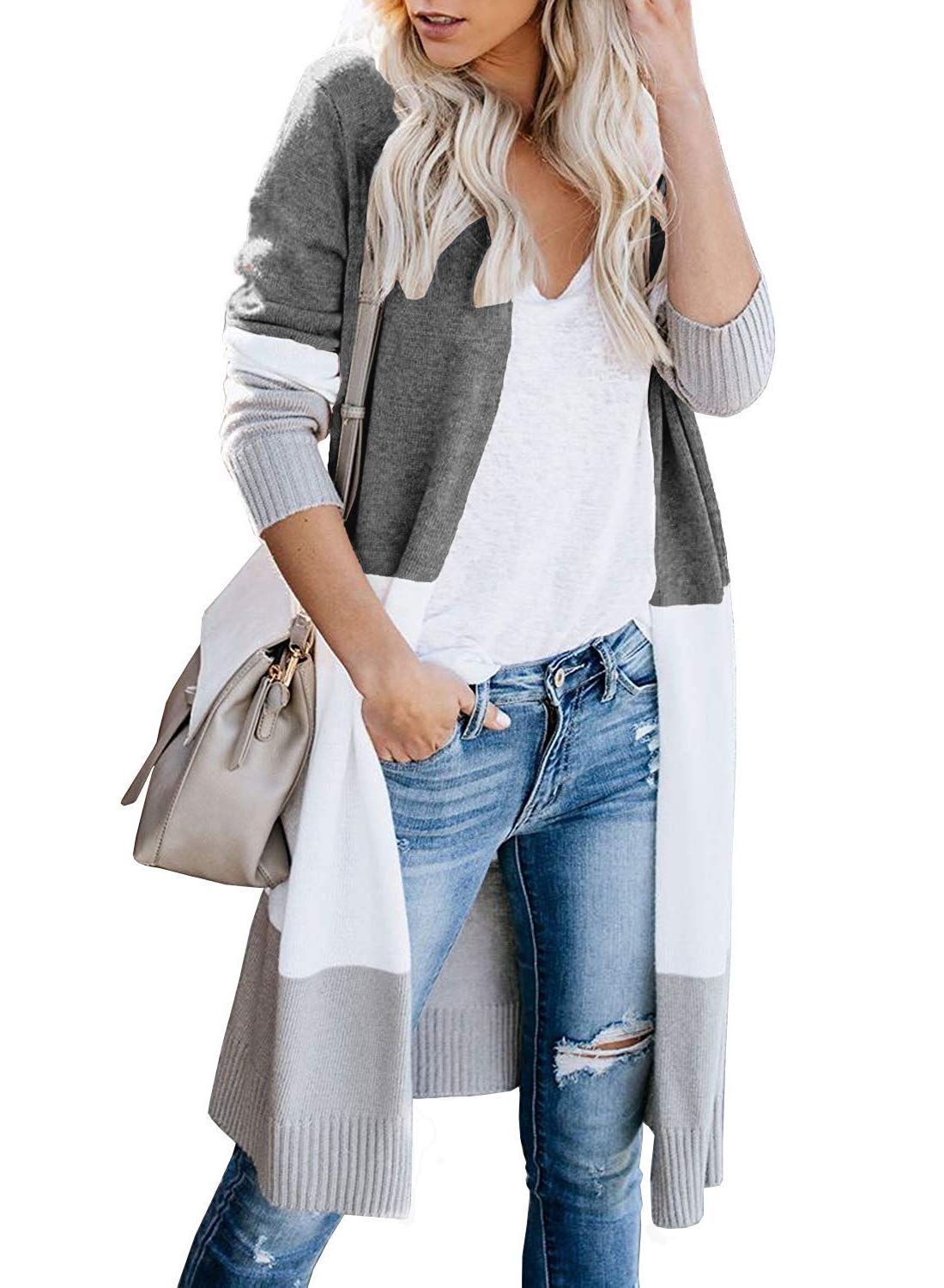 CARDYDONY Women's Long Color Block Cardigan Sweater