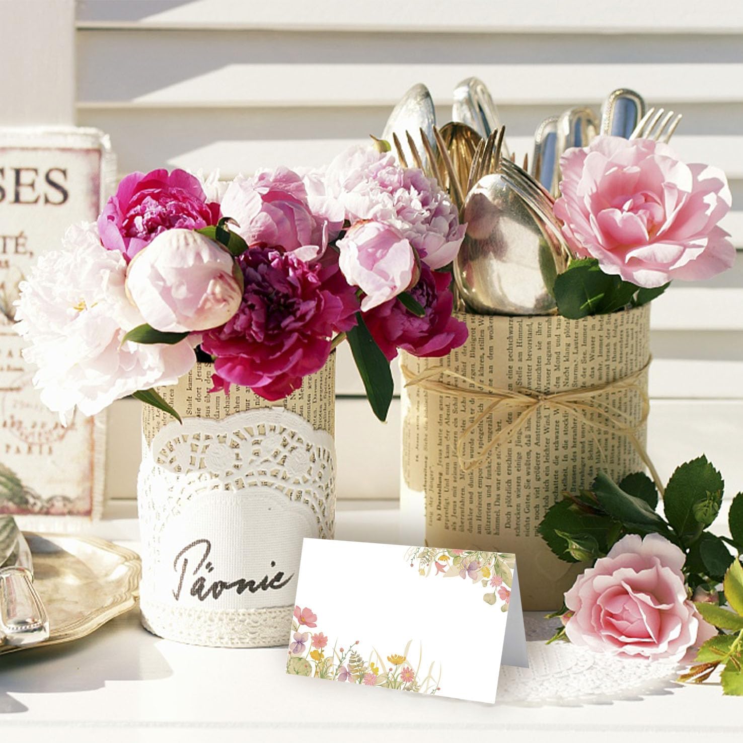 24 pcs Wildflower Place Cards and Name Cards for table setting, Floral Themed food labels for party buffet for Wedding Banquet, Baby Shower and Birthday Party Decorations (Pink)