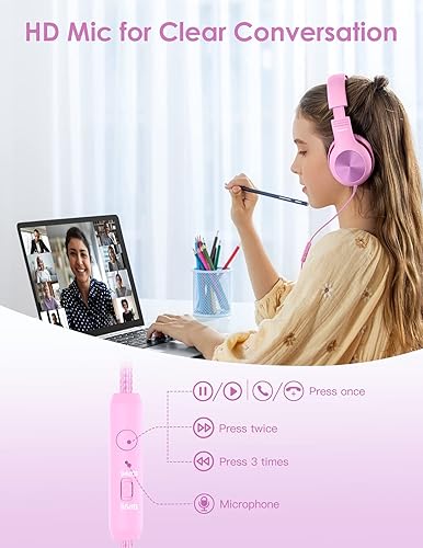 Miniatura 66 de Auriculares para niños con cable, auriculares sobre la oreja para niños con micrófono, límite de volumen de 85/94 dB, auriculares para niños y niñas