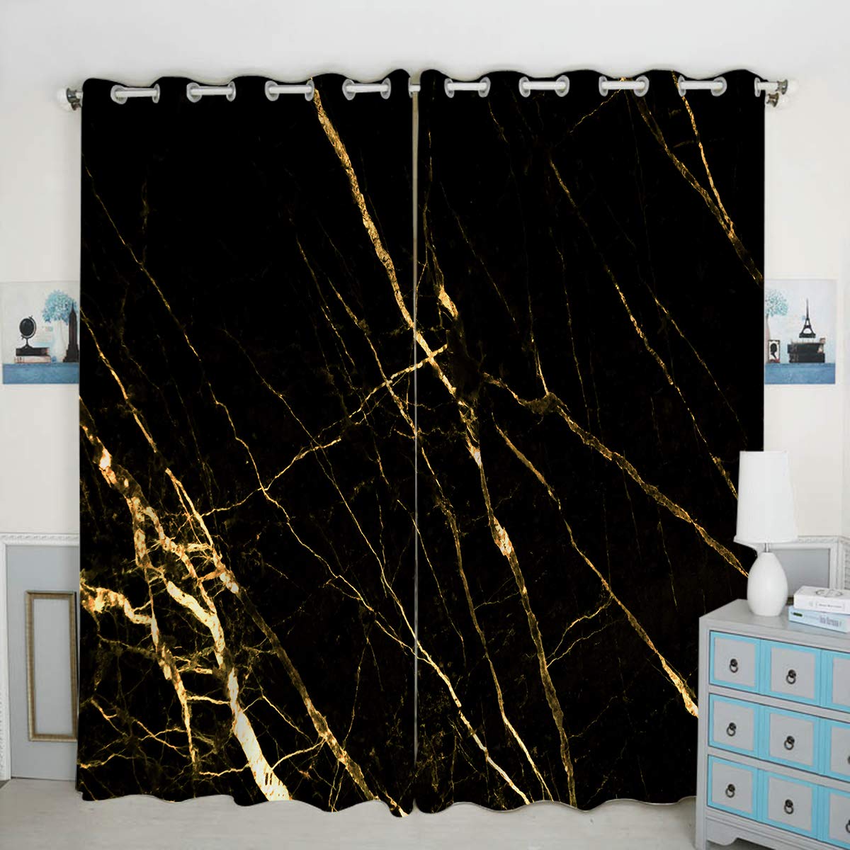 QH Gold Marble Colour Window Curtain Panels Blackout Curtain Panels Thermal Insulated & Light Blocking 42W x 84L inch (Set of 2 Panels)