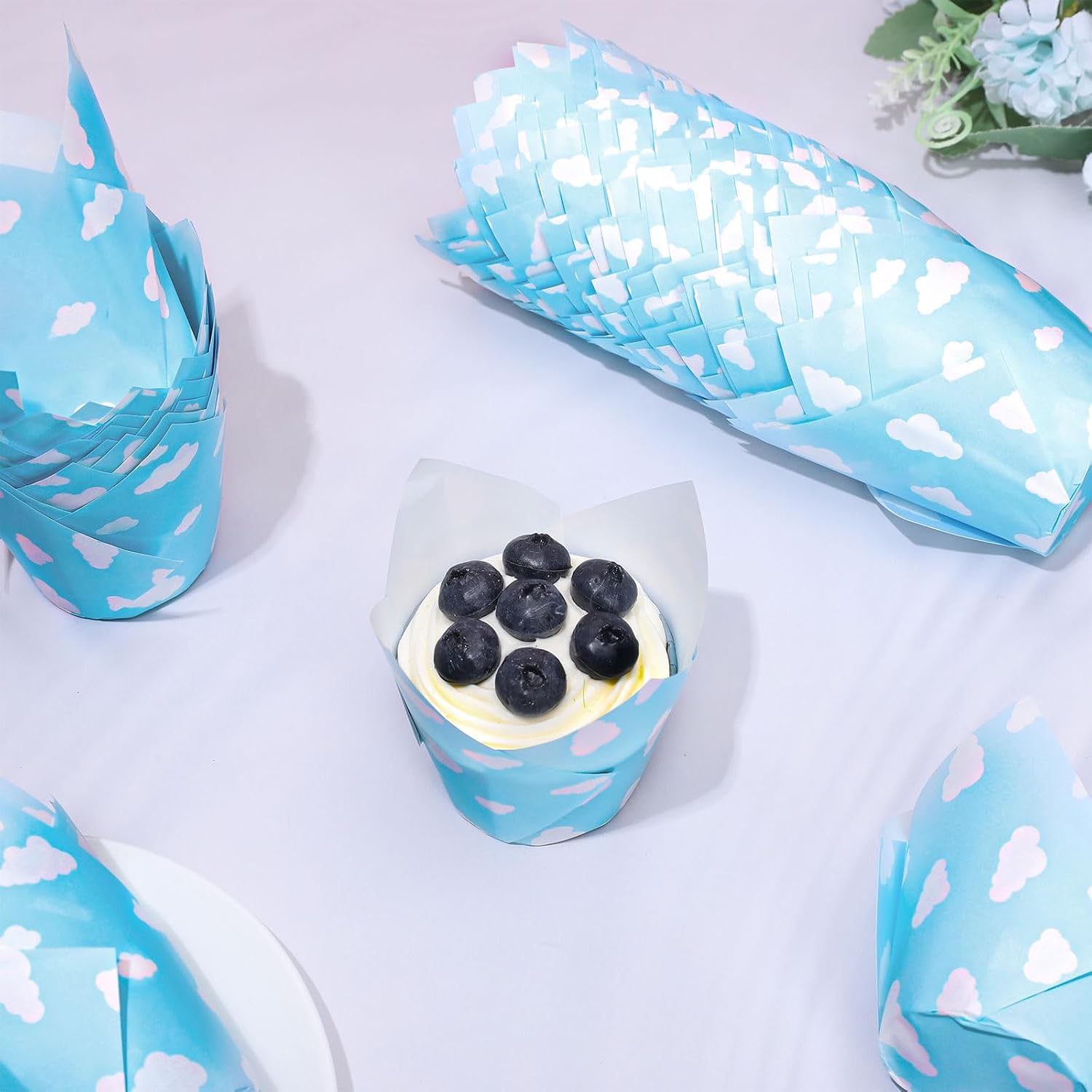 Whaline 200Pcs Cloud Blue Tulip Cupcake Liners White Light Blue Sky Tulip Cupcake Wrappers Blue Muffin Baking Cups for Spring Summer Wedding Baby Shower Birthday Party Decor