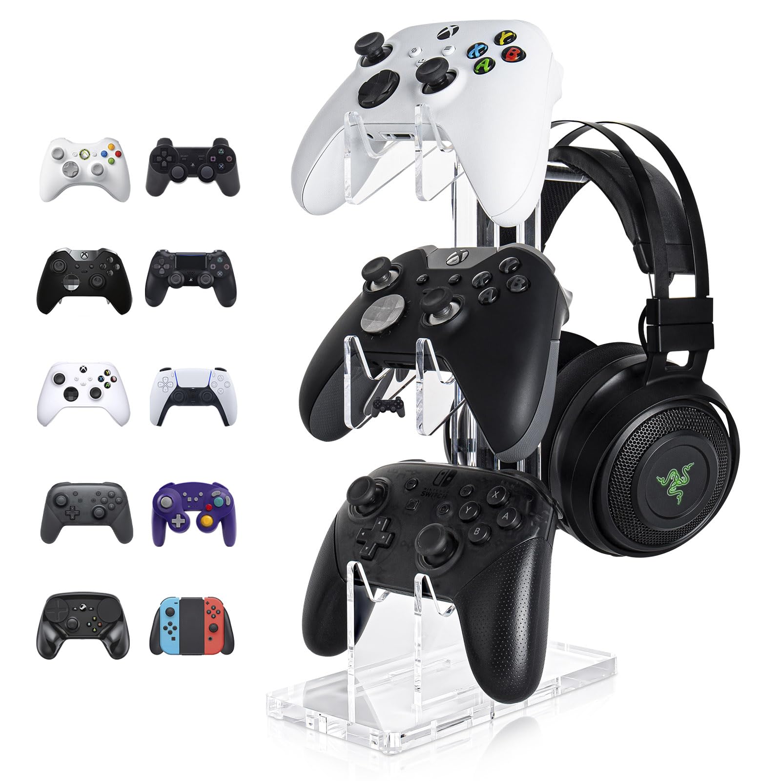OAPRIRE Controller Stand Headset Stand, 3 Tier Acrylic Gaming Controller Holder Compatible with PS4, PS5, PC, Xbox, Universal Design (Clear)