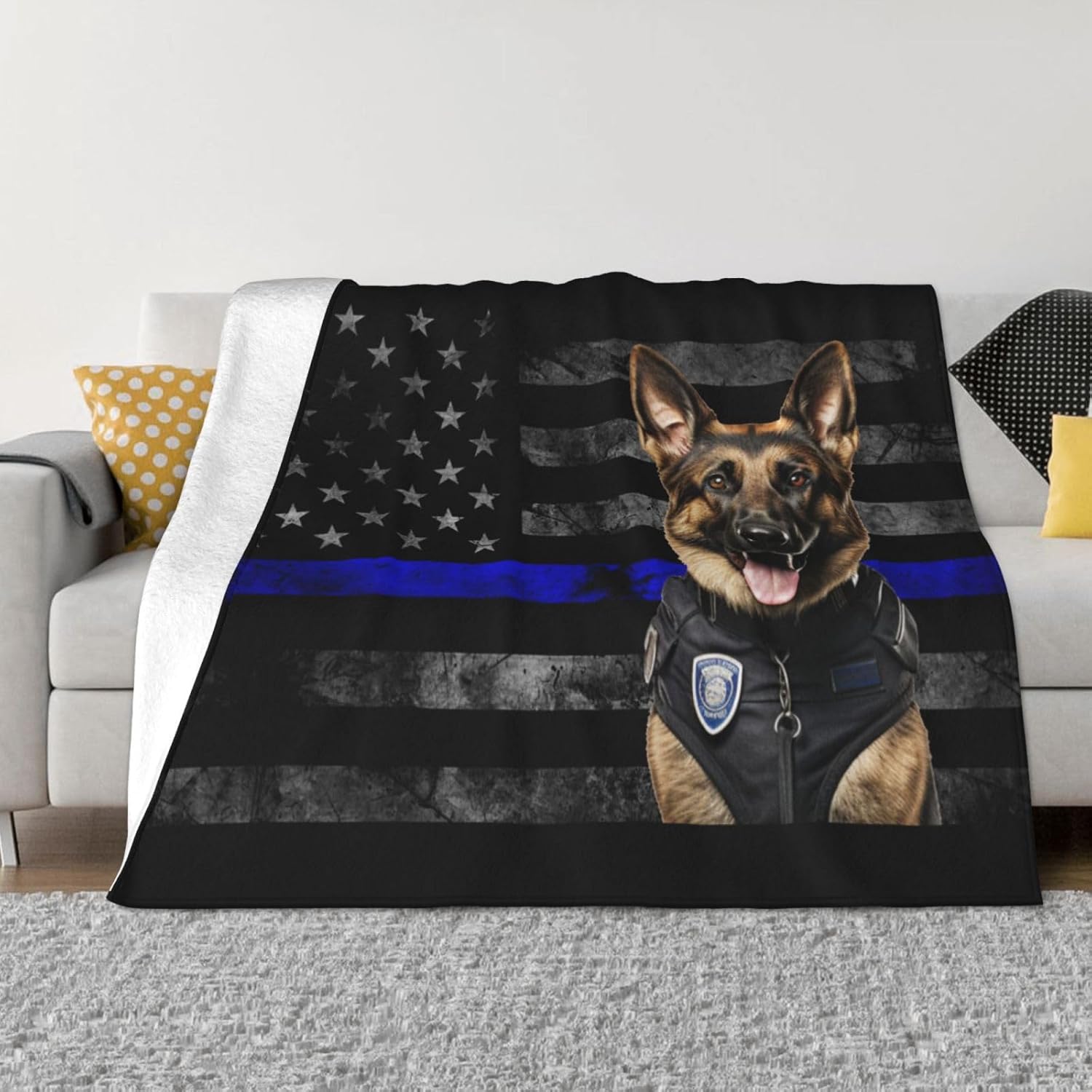 German Shepherd Police K9 Thin Blue Flag Cozy Up with Our Ultra-Soft Fleece Blanket - Perfect for Home and Travel 60"x50"