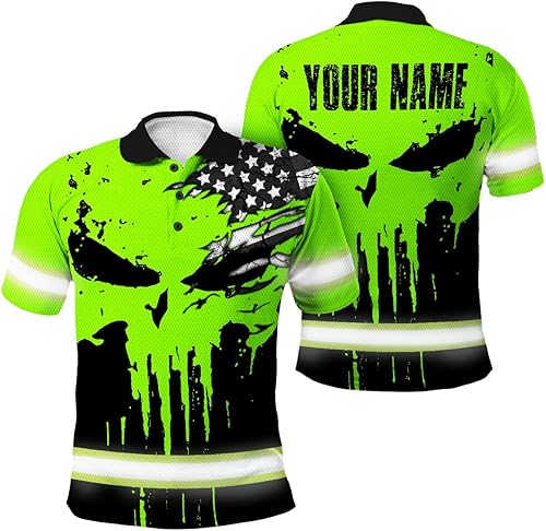 Maddly Polo de alta visibilidad con diseño de calavera y bandera de Estados Unidos, ropa de trabajo patriótica con nombre personalizado para