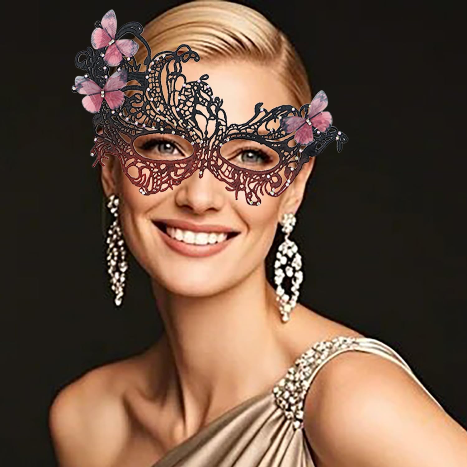 Elegant Rhinestones Masquerade Mask Venetian Carnival Lace Mask for Mardi Gras Ball, Halloween Cosplay Party,Black and Red - Image 2