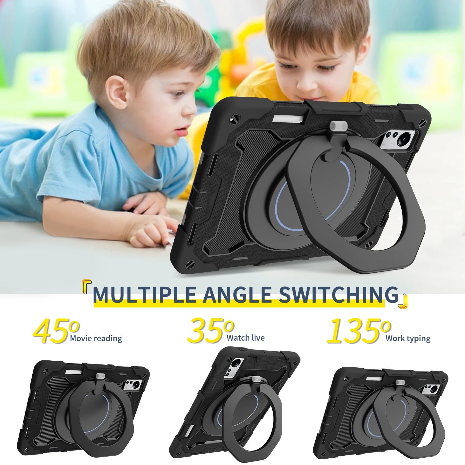Custodia protettiva completa, resistente, per Xiaomi Mi Pad 5 Pro da 12,4 pollici, supporto girevole a 360°, tracolla, portapenne e anello per impugnatura, copertura antiurto, per bambini e adulti