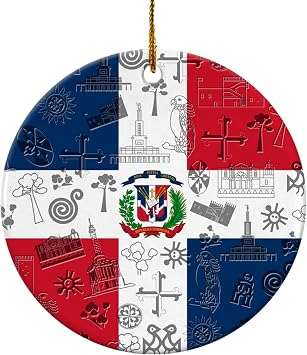 Ceramic Christmas Ornaments, Dominican Republic Flag Symbol Christmas Baubles Xmas Tree Hanging Ornaments With Lanyard 7.3Cm