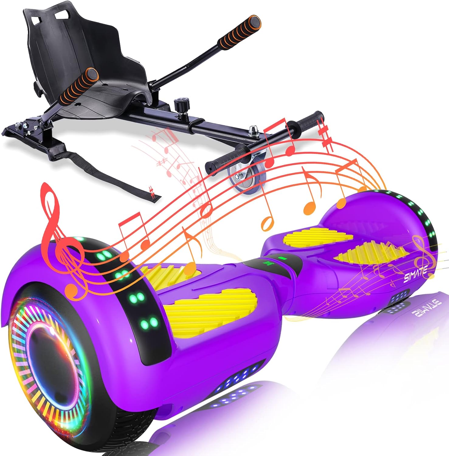 SIMATE Scooter with Seat Attachment Combo, 6.5" Self Balancing Hover Board with Bluetooth Speakers and LED Lights for Kids Adults Girls Boys(Include Go-Kart)