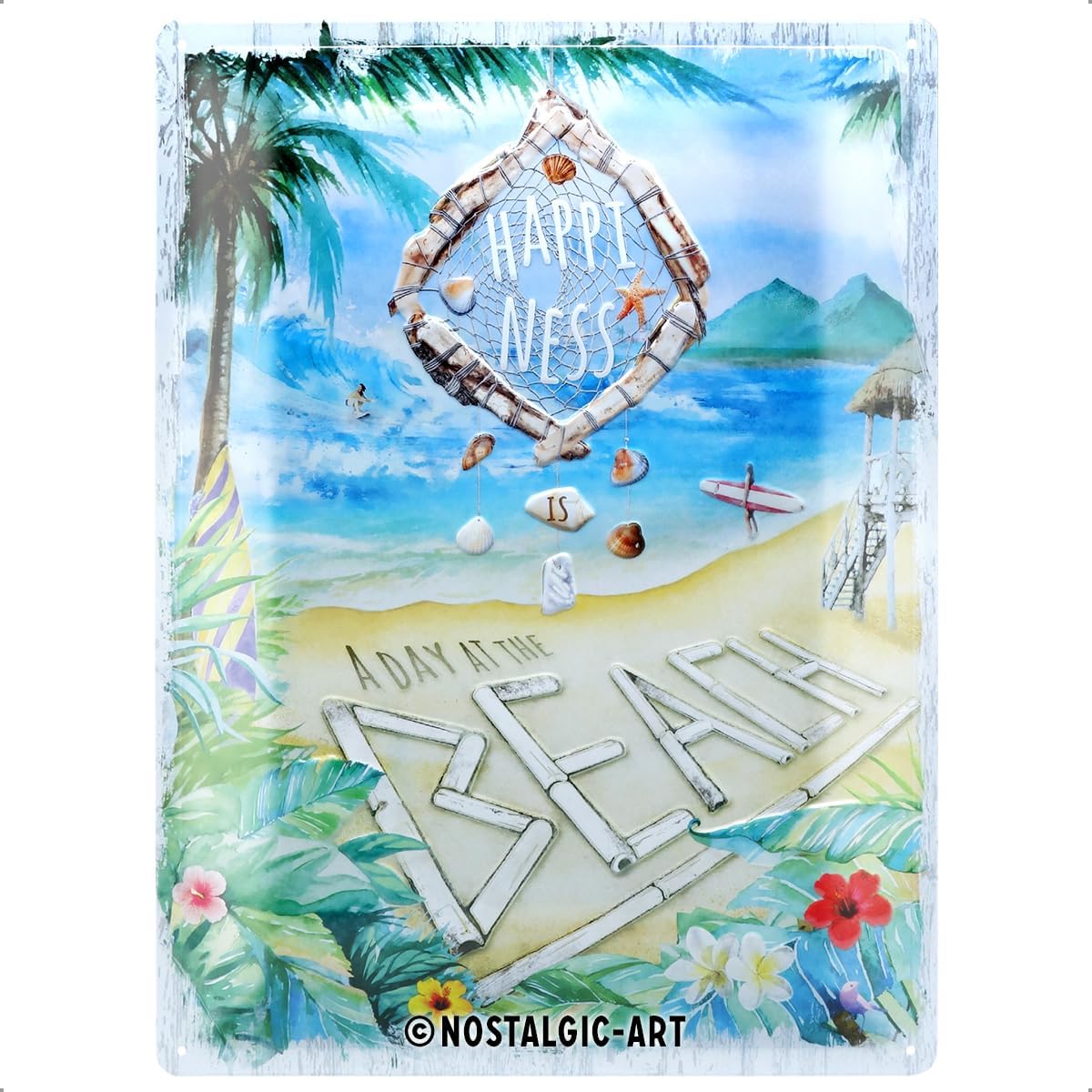 Nostalgic-Art Retro Tin Sign – Happiness is a Day at The Beach – Gift idea for Travellers, Metal Plaque, 30 x 40 cm