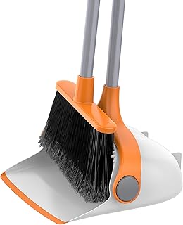 MR.SIGA Besen und Kehrschaufel Set mit langem Stiel, Standbesen mit Kehrschaufel Combo für die Reinigung von Büro, Garage, Lobby, leichtes Kehrset, 51.7"(131 cm) Langer Stiel, Weiß & Orange