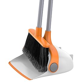 MR.SIGA Broom and Dustpan Set with Long Handle, Stand Upright Broom with Dustpan Combo for Cleaning Office, Garage, Lobby, Lightweight Sweeping Set, 51.7(131 cm) Long Handle, White & Orange