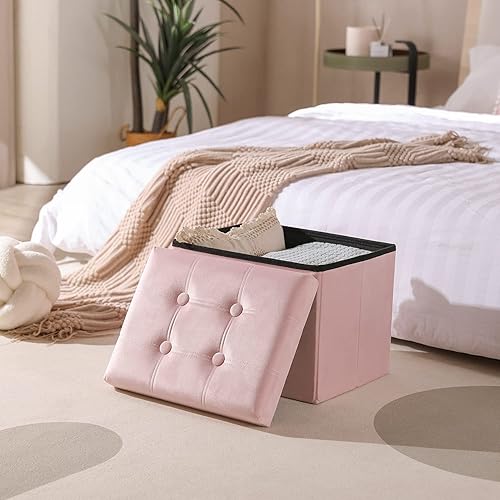 Miniatura 89 de PRANDOM Otomana con almacenamiento [1 unidad] Taburete cuadrado pequeño de terciopelo plegable con tapa para sala de estar, dormitorio, mesa de