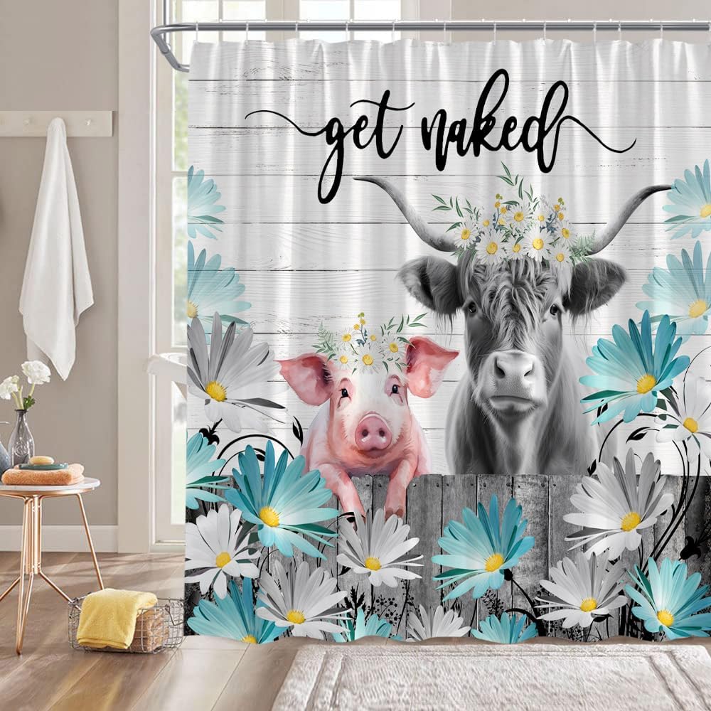 GCTNBJL Farmhouse Highland Cow Pig Shower Curtain Blue Teal Rustic Floral Funny Farm Animal Longhorn Pig Vintage Western Country Bathroom Decor Fabric Curtain with Hooks
