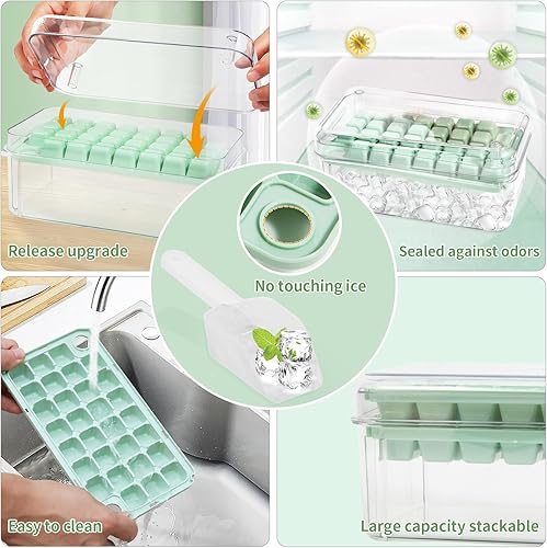 Miniatura 4 de NFGBF Bandeja para cubitos de hielo con tapa y contenedor, paquete de 2 bandejas cuadradas para cubitos de hielo para congelador, 60 bandejas para