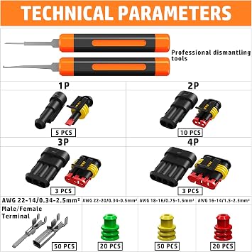 PEBA Waterproof Automotive Electrical Connectors Kit, Automotive Male/Female 1/2/3/4-Pin & Connector Plug and Ratchet Crimping Tool AWG 22-14, Ideal for Cars, Motorcycles & Boats | Pin Removal Tool