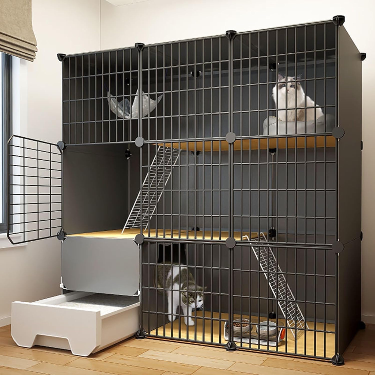 Gabbia per Gatti da Interno con Lettiera, Recinti per Gatti Fai-da-Te A 3 Livelli, Casette per Gatti da Esterno Multifunzionali, Box per Gatti, Robusta Gabbia per Gattini Facile D, 111 * 39 * 109cm