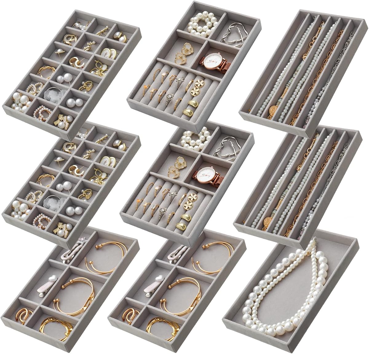 Stackable Jewelry Organizer Trays Set of 9, Small Velvet Jewelry Organizers Earring Necklace Ring Bracelet Display Case Storage for Drawer Dresser (Grey)