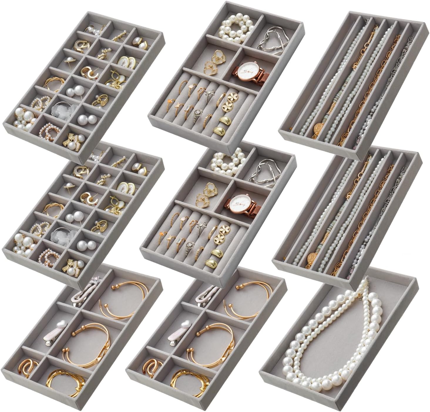 Stackable Jewelry Organizer Trays Set of 9, Small Velvet Jewelry Organizers Earring Necklace Ring Bracelet Display Case Storage for Drawer Dresser (Grey)