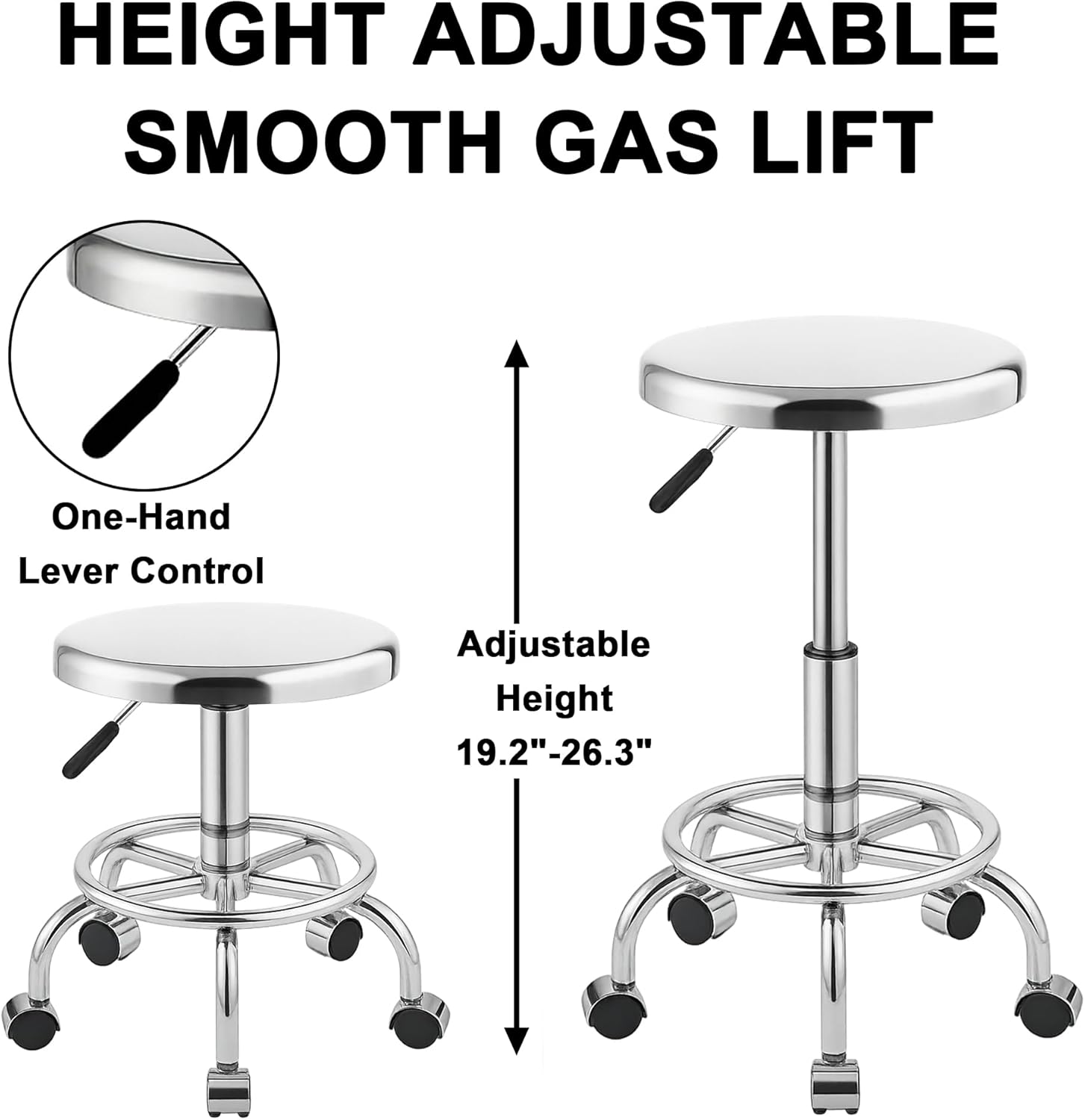 Heavy Duty Stainless Steel Stool for Work Bench, Adjustable Swivel Stool with 5 Wheels, 304 Stainless Steel Structure, Round Cushion, Load-Bearing 450 Ib