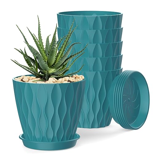 4 Inch Plant Pots, 6 Pack Indoor Flower Pots, Planters with Drainage Holes and Trays for Orchids, Violets, Succulents, Herbs, and Other Plants,Blue-Green