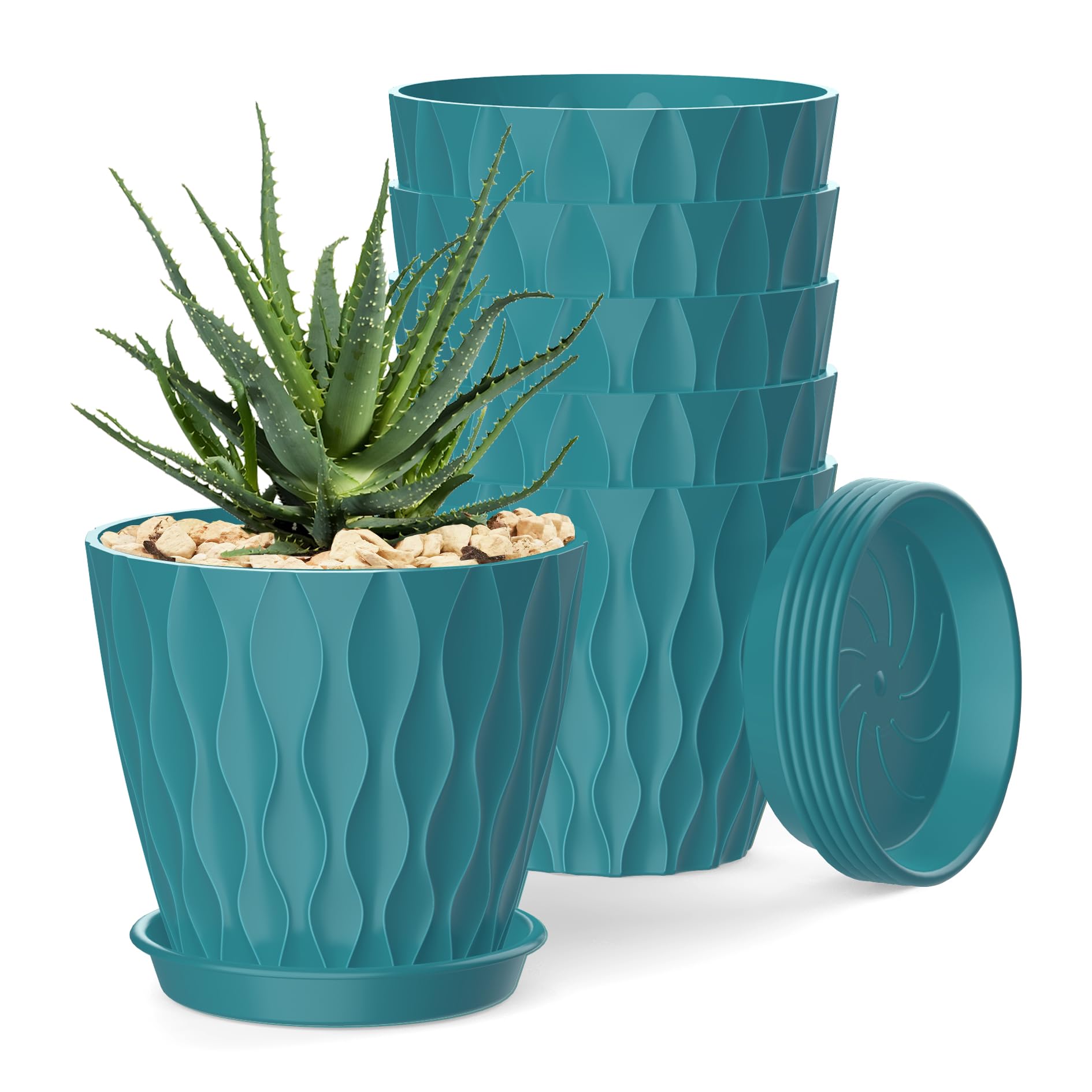 SQOKHT 15cm Plant Pots 6 Pack, Indoor Flower Pots with Drainage Holes and Saucers, Plastic Planters for Orchids, Violets, Succulents, Herbs & Small Plants (Blue-green)