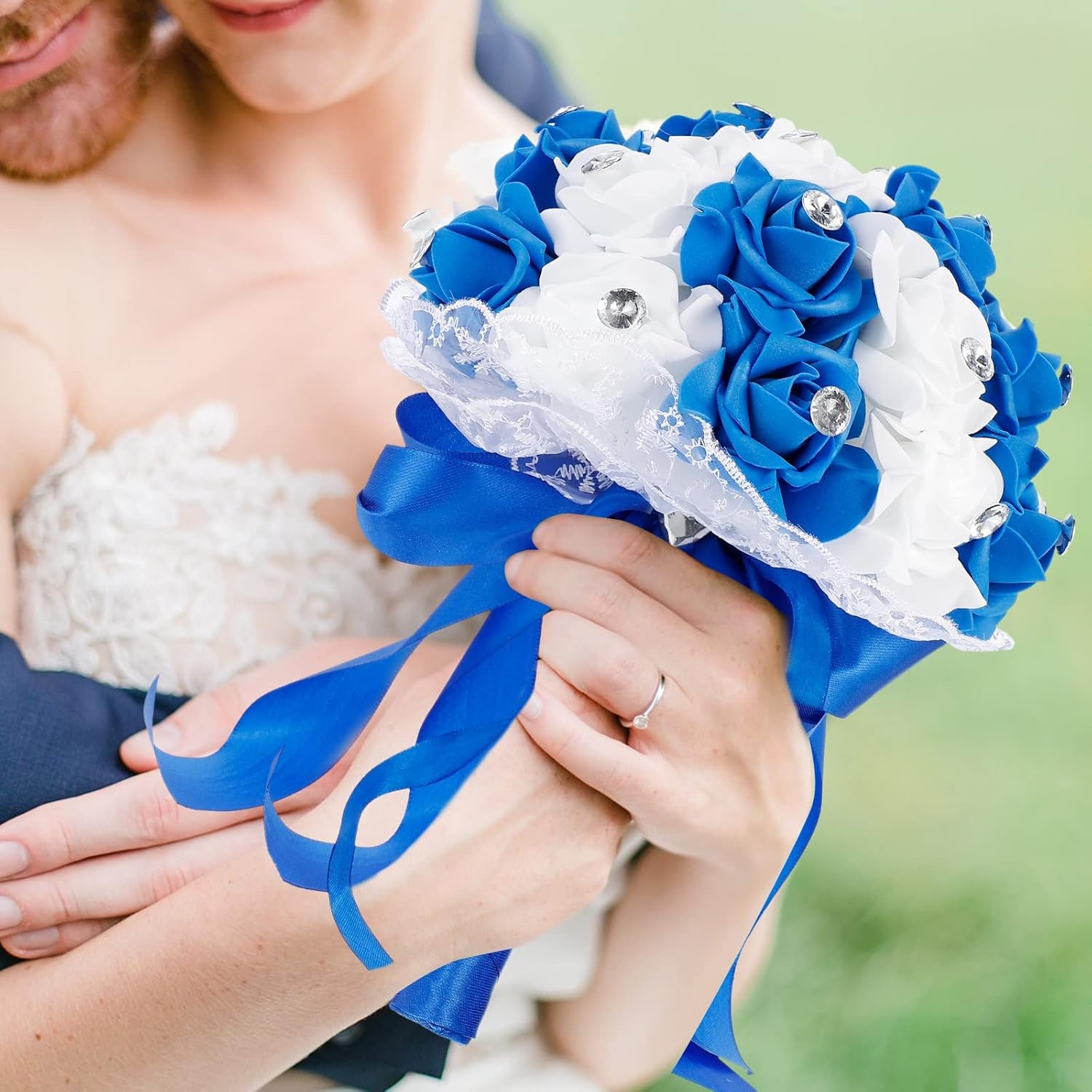 LUOZZY Artificial Wedding Flower Bouquet for Bride Hand Flower Wedding Party Supplies Photo Props (Royal Blue)