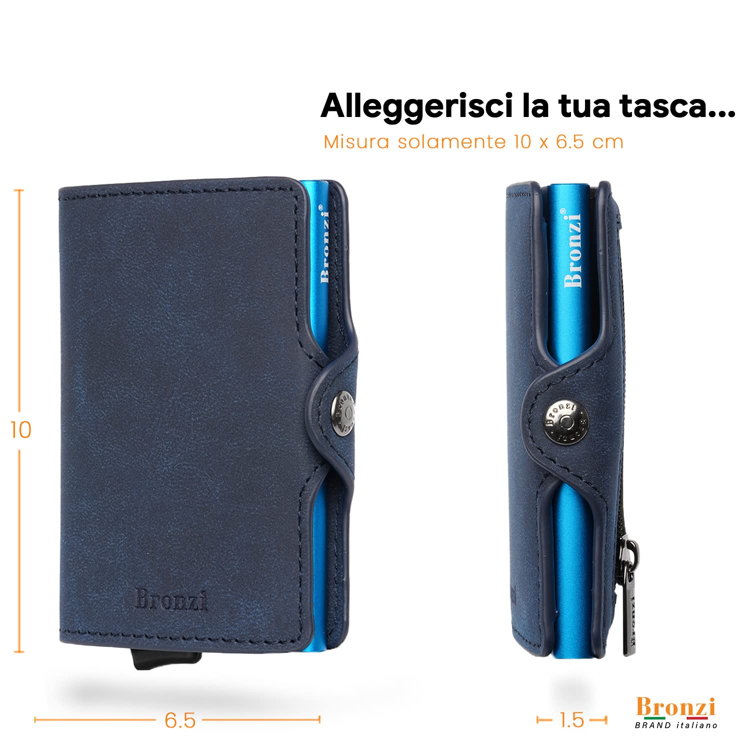 Bronzi Portafoglio Porta Carte Credito - Portafoglio Uomo Slim Portacarte uomo - Mini Porta Tessere - Protezione RFID - Design Smart Italiano (Blu)