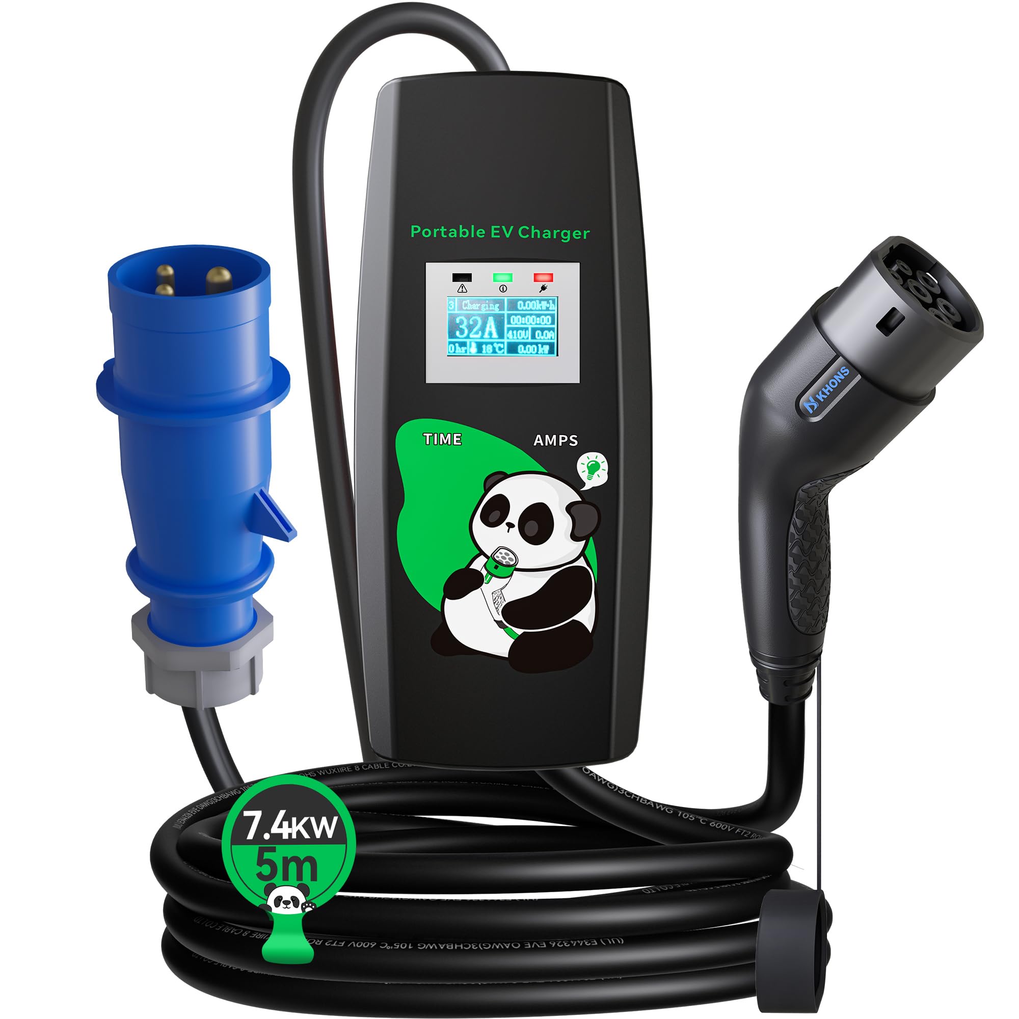 Mobile Wallbox 7,4 KW con Plug & Play, 5 m, 32 A, 1 fase, corrente regolabile e timer, cavo di ricarica tipo 2 con spina CEE, caricatore portatile per auto elettrico per IEC 62196-2