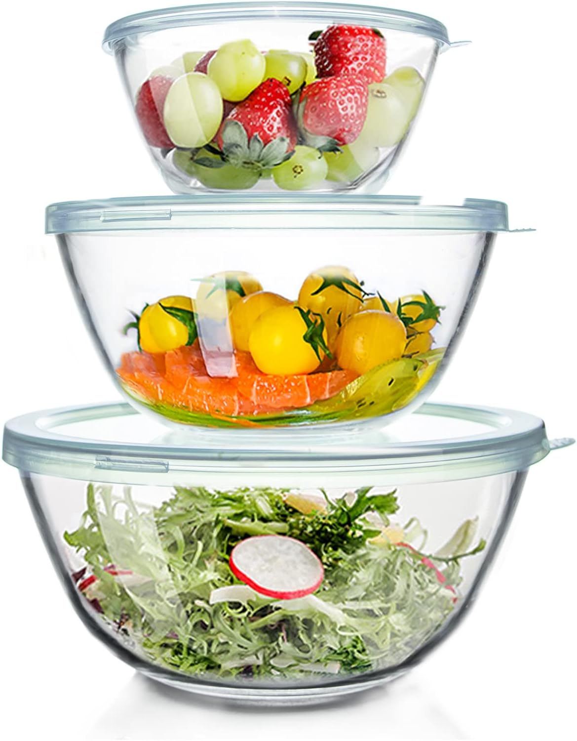 WhiteRhino Glass Mixing Bowls Glass Bowls with Lids Set(4.5QT,2.7QT, 1.1QT),Large Salad Bowls,glass mixing bowl Space-Saving Nesting Storage bowls for Cooking,Baking,Prepping,Dishwasher Safe - Thumbnail 2